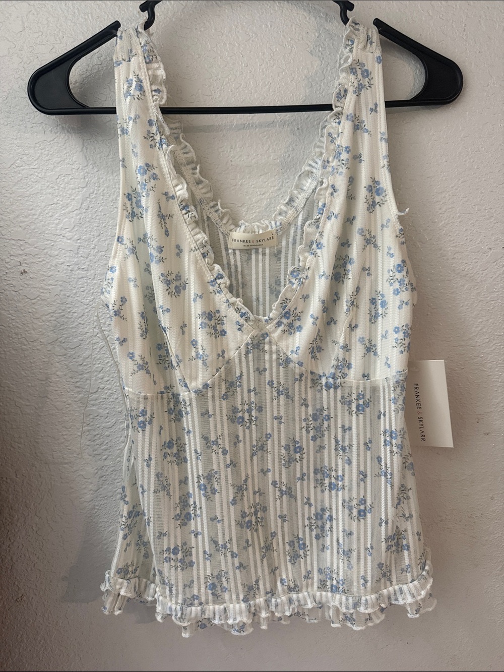 Frankie’s Styler Blue Floral Ruffle Tank
